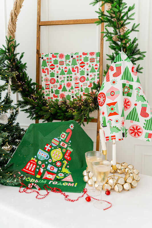 Натали Полотенце 581117 Набор кухонных полотенец Новогодняя мозайка зеленый