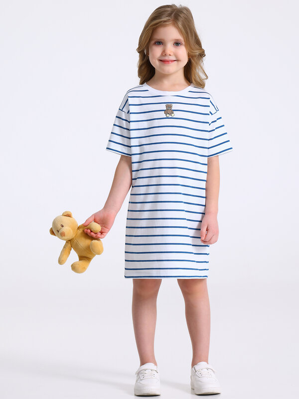 Апрель Платье 581655 1ДПК5079001н полоска белый+синий/ Мишка-тедди вышивка