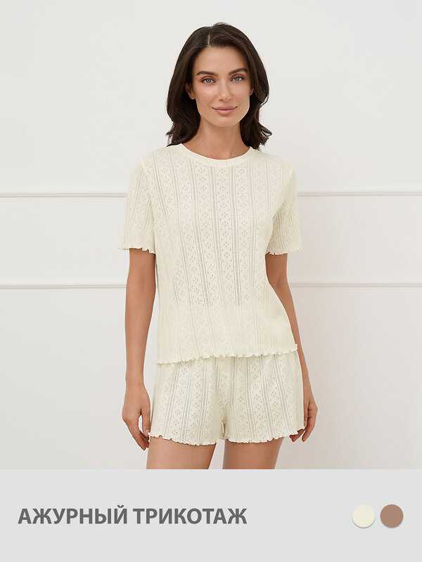 Omsa Пижама 582072 OmD 0260D POINTELLE Пижама женская (Футболка+Шорты с гульфиком), СО Avorio (Молочный)