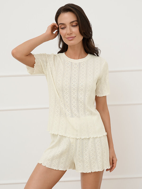 Omsa Пижама 582072 OmD 0260D POINTELLE Пижама женская (Футболка+Шорты с гульфиком), СО Avorio (Молочный)