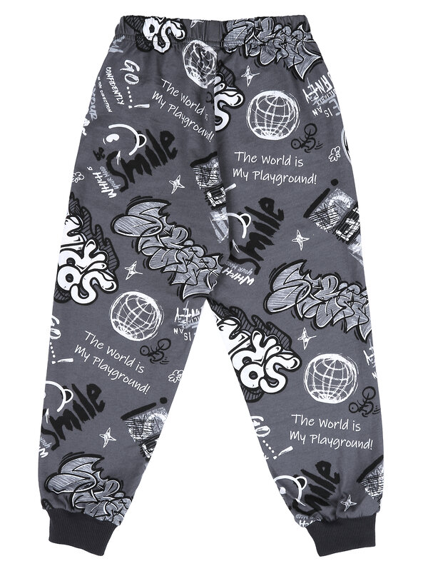 Апрель Брюки 582271 1ПБМ4644001н черно-белые граффити на сером+темно-серый