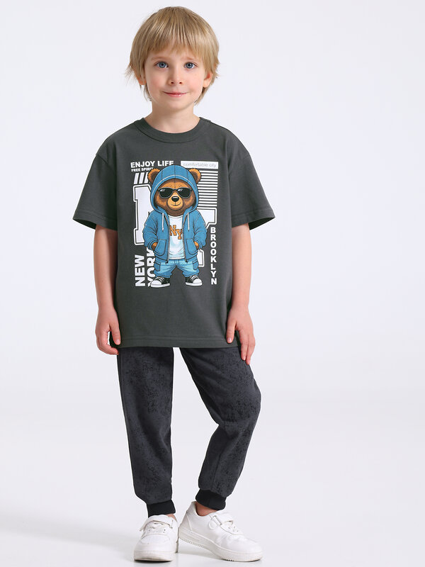 Апрель Комплект 584194 2ПФБ5759001н темно-серый+варенка темно-серый+черный / Медведь в худи