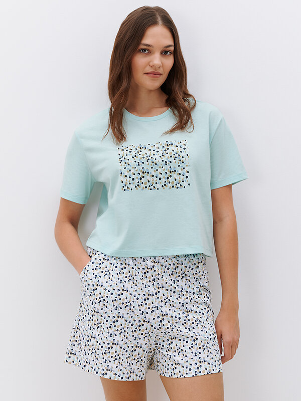 Omsa Пижама 589384 OmD 0234D CONFETTI Пижама женская (Футболка укорочен.+шорты), СО Menta/Multicolor (Мультиколор)