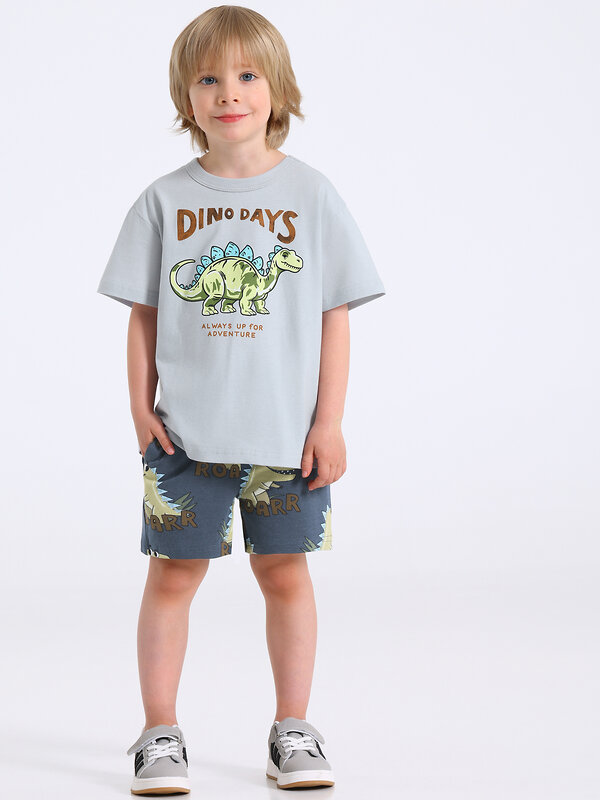 Апрель Комплект 592751 2ПФШ5773804н светло-серый+крупные динозавры на темно-сером / Маленький динозавр