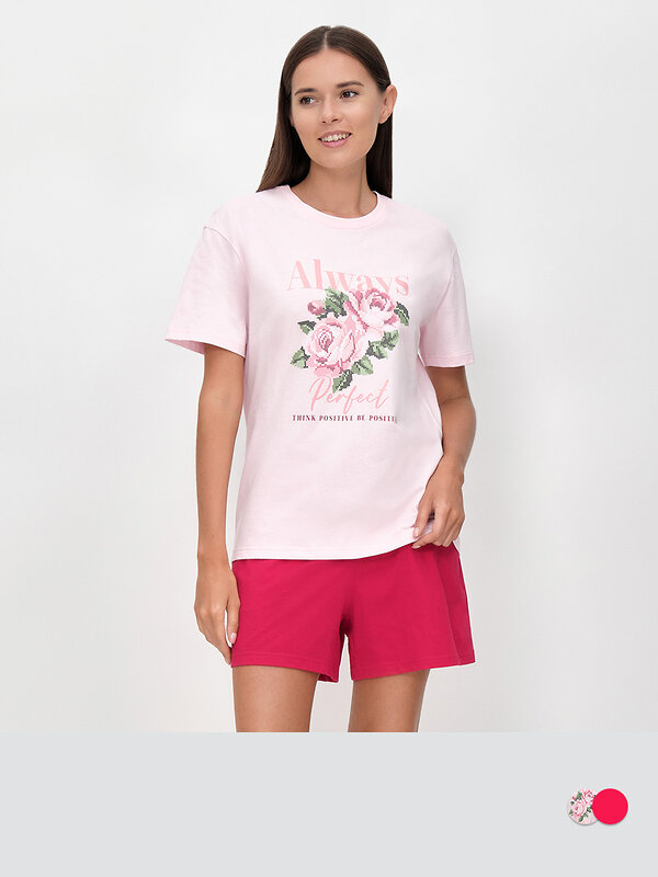 Omsa Пижама 603762 OmD 0235D CHARME Пижама жен. (Футболка + Шорты), СО Rosa Chiaro/Rosso (Розовый)