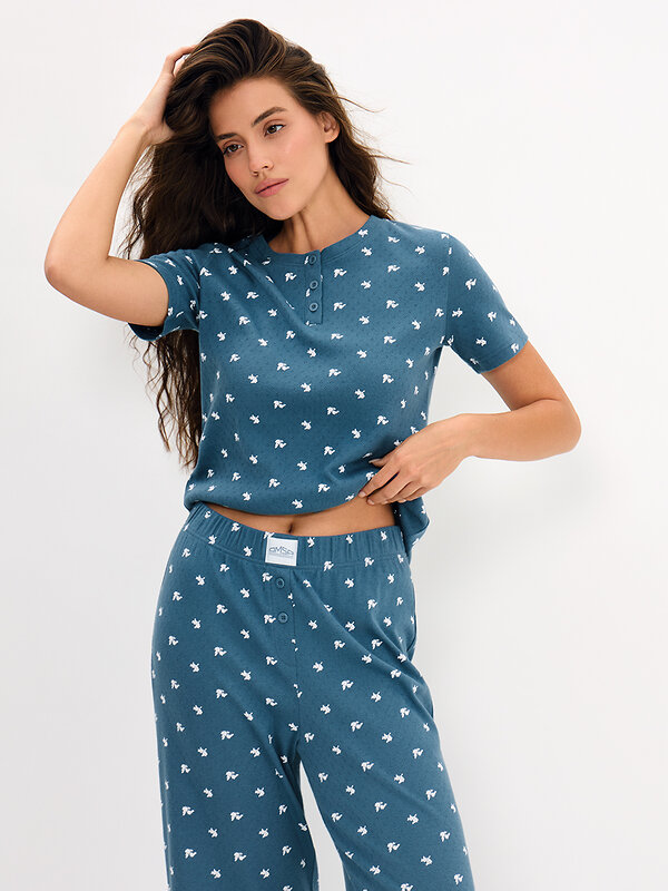 Omsa Пижама 608723 OmD 0250D POINTELLE PRINT AW26 Пижама жен. (Футболка+Брюки), СО Navy (Синий)