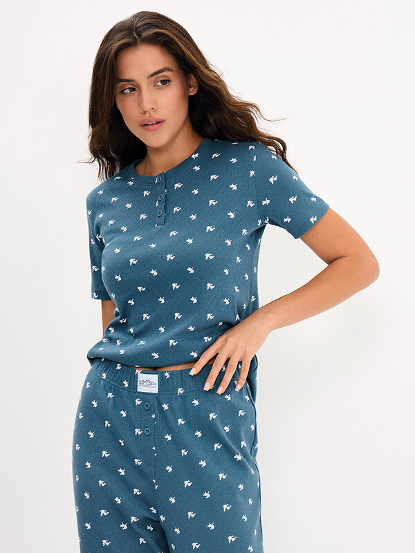 Omsa Пижама 608723 OmD 0250D POINTELLE PRINT AW26 Пижама жен. (Футболка+Брюки), СО Navy (Синий)